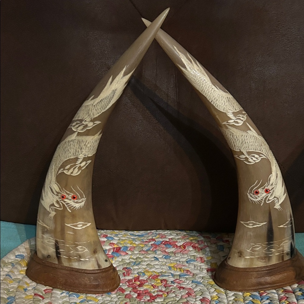 Vintage Carved Water Buffalo Horns with Chinese Dragon Design